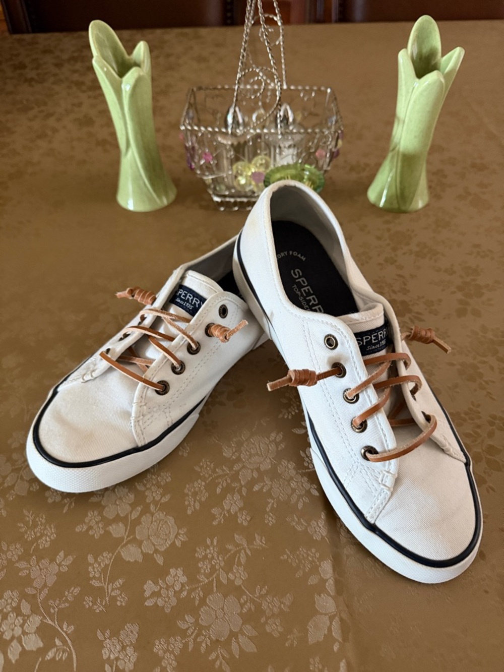 Sperry White Canvas Slip-Ons with Tan Leather Laces and Navy Trim